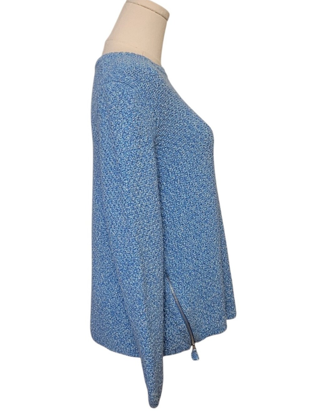 Talbots Blue Cotton Zipper Detail Crewneck Sweater Size Medium - Picture 2 of 4